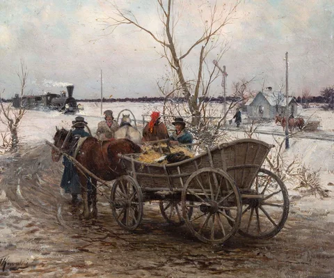 Meeting the Train by Alfred Wierusz-Kowalski, Oil on panel, sold Mar 2024