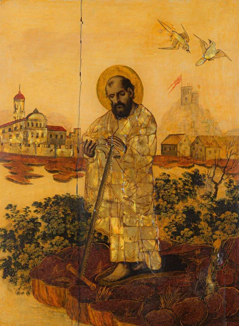 Miguel & Juan Gonzalez, Mexican School, 17th/18th Century, Saint Simon the Zealot, oil and mother-of-pearl on panel (Enconchado)
