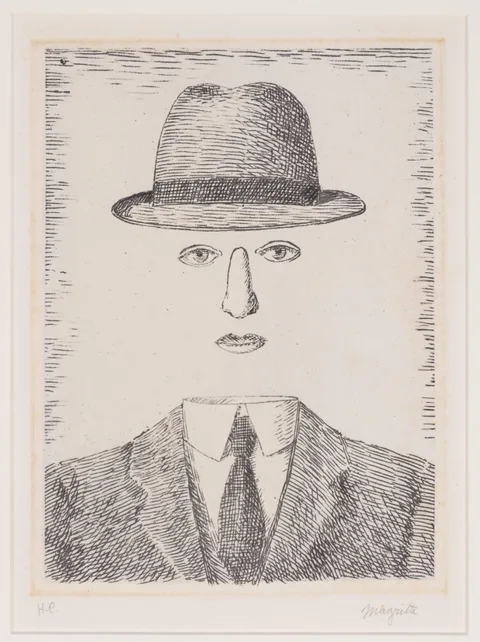 René Magritte, Paysage de Baucis (Self Portrait with Hat), 1966, Etching
