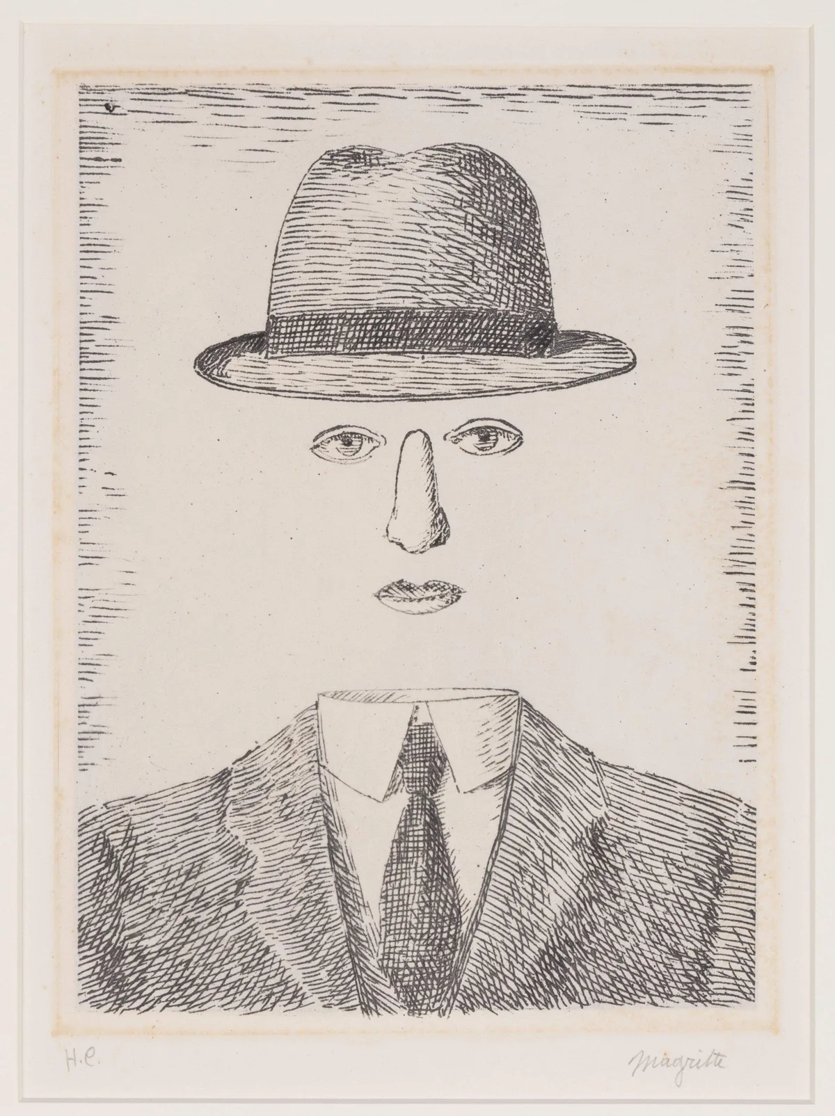 René Magritte, Paysage de Baucis (Self Portrait with Hat), 1966, Etching