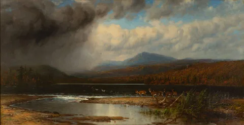 James McDougal Hart, Adirondack Scene - Deer & a Storm, Oil on canvas