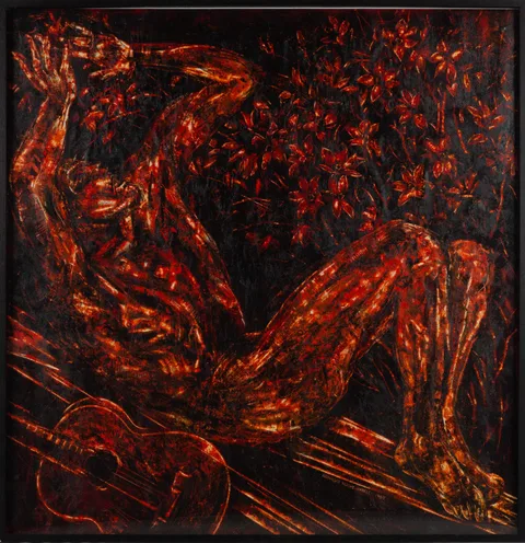 Arnaldo Roche-Rabell, Guitar Player, Oil on plastered paper board