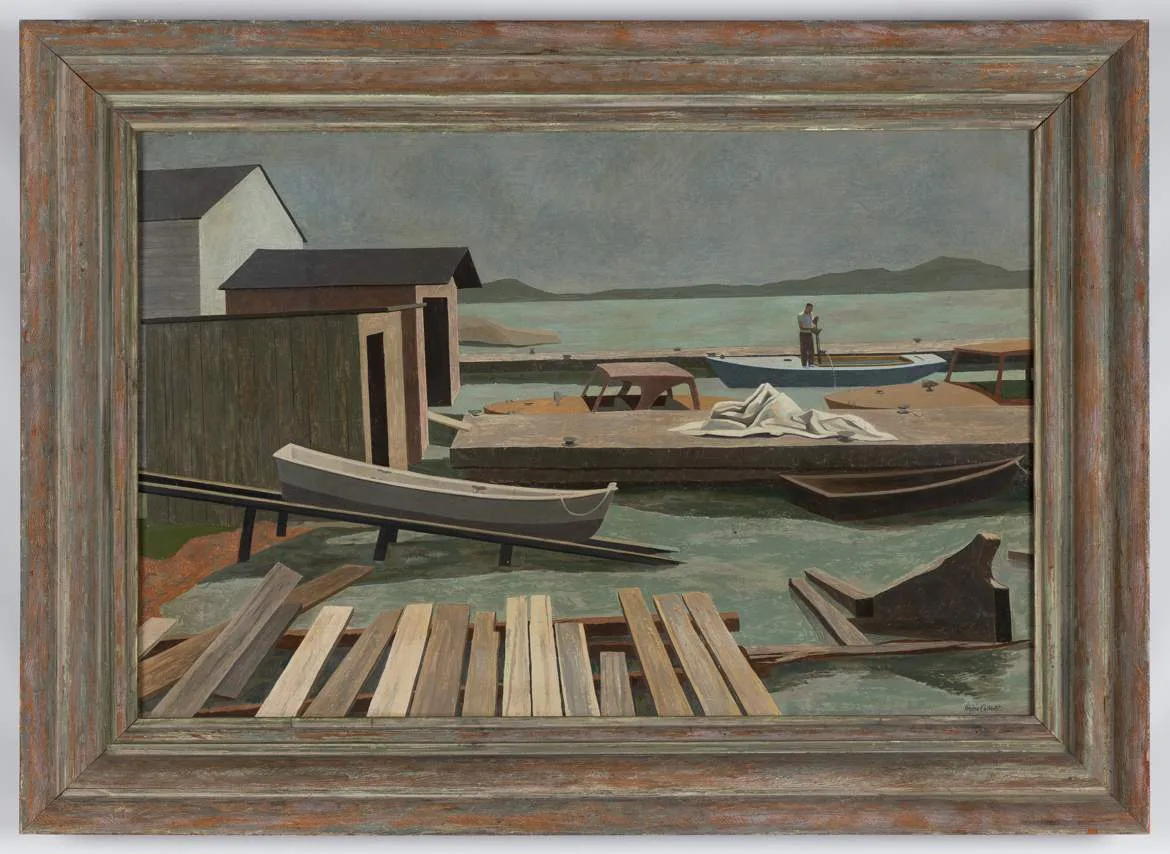 Virginia Cuthbert, Boats at Docks on Shoreline, Oil on masonite