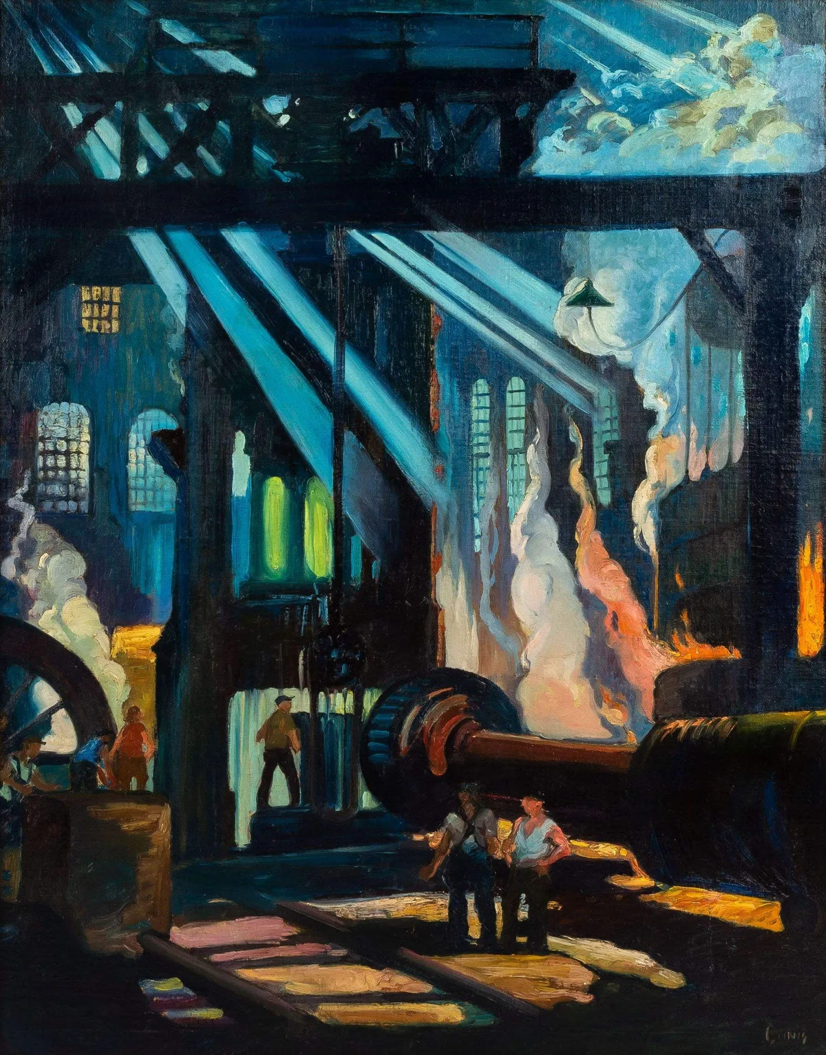 Forging a Gun Tube #1 by George Pearse Ennis, circa 1920, Oil on canvas, sold Sep 2022
