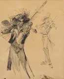 Heinrich Kley, Man Playing Violin; Fisherman, Ink Drawings on Paper (Two-Sided)