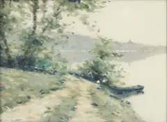 Andre Gisson, Untitled, Oil on Canvas, Two Figures on the Bank of the Seine River