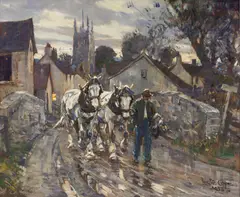 Leslie Cope, Plough Horses on a Stone Bridge, Stoke-on-Trent, England, 1958, Oil on Masonite