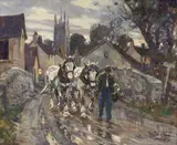 Leslie Cope, Plough Horses on a Stone Bridge, Stoke-on-Trent, England, 1958, Oil on Masonite