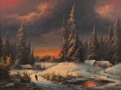 Ludwig Muninger, Southern German Landscape at Sunset, Oil on Canvas