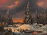 Ludwig Muninger, Southern German Landscape at Sunset, Oil on Canvas