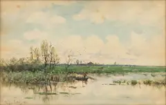 River Fishing Scene by Frederik Jacobus Du Chattel, circa 1880, Watercolor on Paper, sold Sep 2026