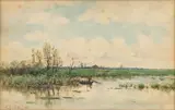 Frederik Jacobus Du Chattel, River Fishing Scene, circa 1880, Watercolor on Paper