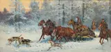 Mieczyslaw Krzyzak, Hunters Returning from Boar Hunt in Troika, circa 1950, Oil on Canvas