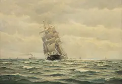Frantz Landt, Tall Ship Off of a Coast, 1952, Oil on Masonite