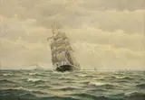 Frantz Landt, Tall Ship Off of a Coast, 1952, Oil on Masonite
