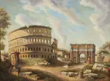 Giovanni Paolo Panini, Rome: View of the Colosseum and the Arch of Constantine, circa 1990, Oil on Canvas