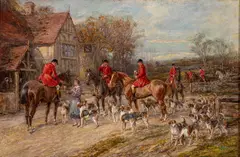 Heywood Hardy, Hounds and Horsemen at an Inn, Oil on Canvas