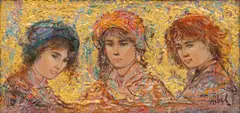 Edna Hibel, Three Sisters, Oil on Wood and Shell 20th Cent.