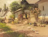 László Neogrády, Young Woman in Farmyard, Oil on Canvasboard