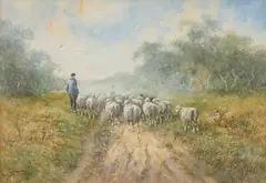 Hugo Anton Fisher, Shepherd and His Flock, Watercolor and Gouache on Paper