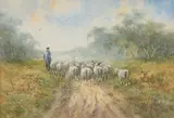 Hugo Anton Fisher, Shepherd and His Flock, Watercolor and Gouache on Paper