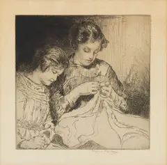 Myron G. Barlow, Mother and Daughter Sewing, Etching on Paper, Ca.