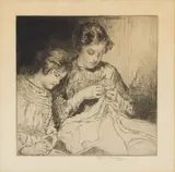 Myron G. Barlow, Mother and Daughter Sewing, Etching on Paper, Ca.
