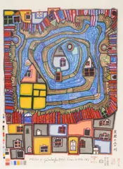 End of Waters on the Roof by Friedensreich Hundertwasser, 1987, Color Woodcut on Japanese Paper, sold Jun 2026