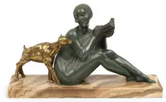 Demetre Chiparus, Woman with Goat, Art Deco Bronze Sculpture on Onyx Base, Ca.