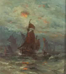 Sailing Vessels Returning by Robert Hopkin, circa 1900, Oil on Canvas, sold May 2026