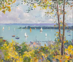 Pierre Bittar, A View of Little Traverse Bay, Harbor Springs Michigan., Oil on Canvas