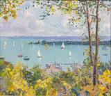 Pierre Bittar, A View of Little Traverse Bay, Harbor Springs Michigan., Oil on Canvas