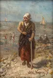 Elchanon Verveer, Dutch Woman on the Shore, Oil on Mahogany Panel