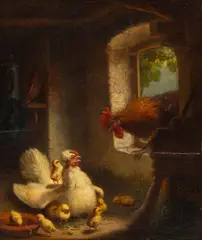 Gustav Süs, Rooster, Hen and Chicks, Oil on Beveled Mahogany Panel
