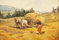 František Mrázek, Gathering Hay, Oil on Board, Ca.