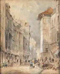 Ferdinand Moutier, Street Scene, Pencil and Watercolor on Paper