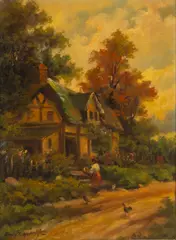 English Cottage by Henry T. Harvey, 1950-1960, Oil on Canvas, sold Mar 2026