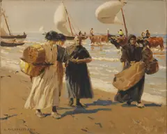 Enrique Martínez Cubells, Fishing Boats and Figures on the Shore, Oil on Canvas