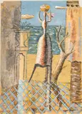 Edgar Yaeger, Woman Carrying Basket Behind a Fence, 1933, Gouache and Pencil on Paper
