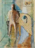 Edgar Yaeger, Surreal Interior with Figure Holding a Pipe, circa 1930-40, Gouache and Pencil on Paper