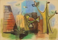 Edgar Yaeger, Three Birds, 1948, Gouache and Pencil on Paper