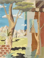 Figure in a Garden Near a House by Edgar Yaeger, 1933, Gouache and Pencil on Paper, sold Feb 2026