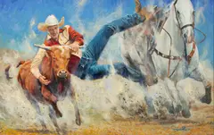 Charles Schridde, Steer Wrestling, Oil on Canvas