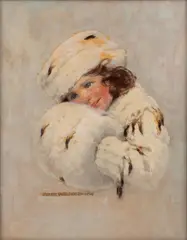 Jessie Willcox Smith, Untitled, Oil, Gouache and Charcoal on Illustration Board 'Girl in White Fur Coat, Hat and Muff (Good Housekeeping Feb