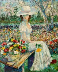 David Smira, Seated Young Lady in Flower Garden, Oil on Canvas