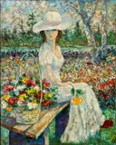David Smira, Seated Young Lady in Flower Garden, Oil on Canvas