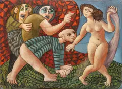 Julio de Diego, Suzanna and the Juveniles, Oil Canvas Mounted to Board