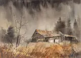 Gunter H. Korus, November Barn, Watercolor on Paper