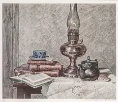 Gunter H. Korus, Stil Life Books and a Lantern, Lithograph on Paper #31/300