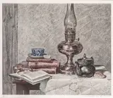 Gunter H. Korus, Stil Life Books and a Lantern, Lithograph on Paper #31/300